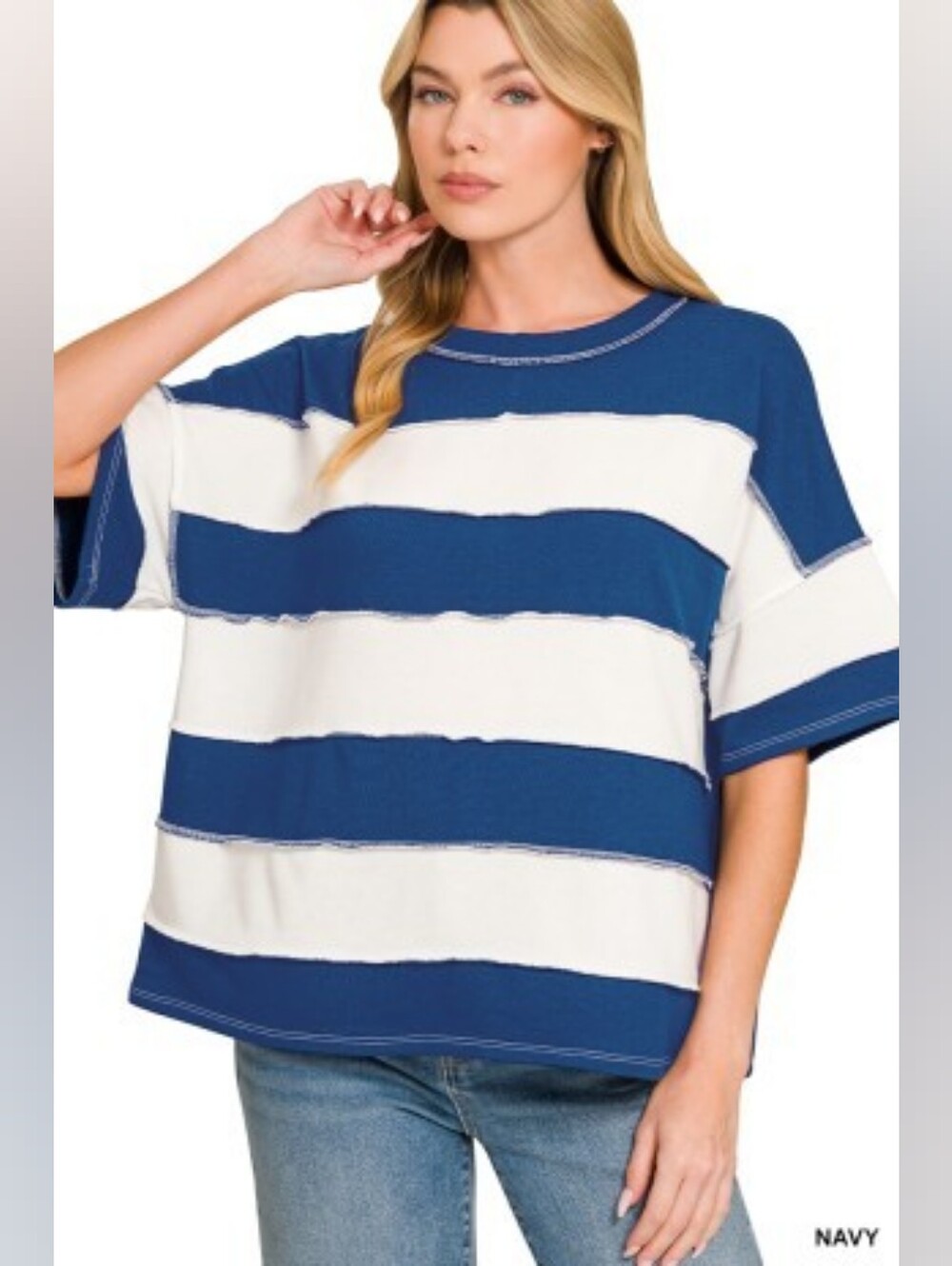 Zenana French Terry Striped Exposed Seam Top-Blue & White
